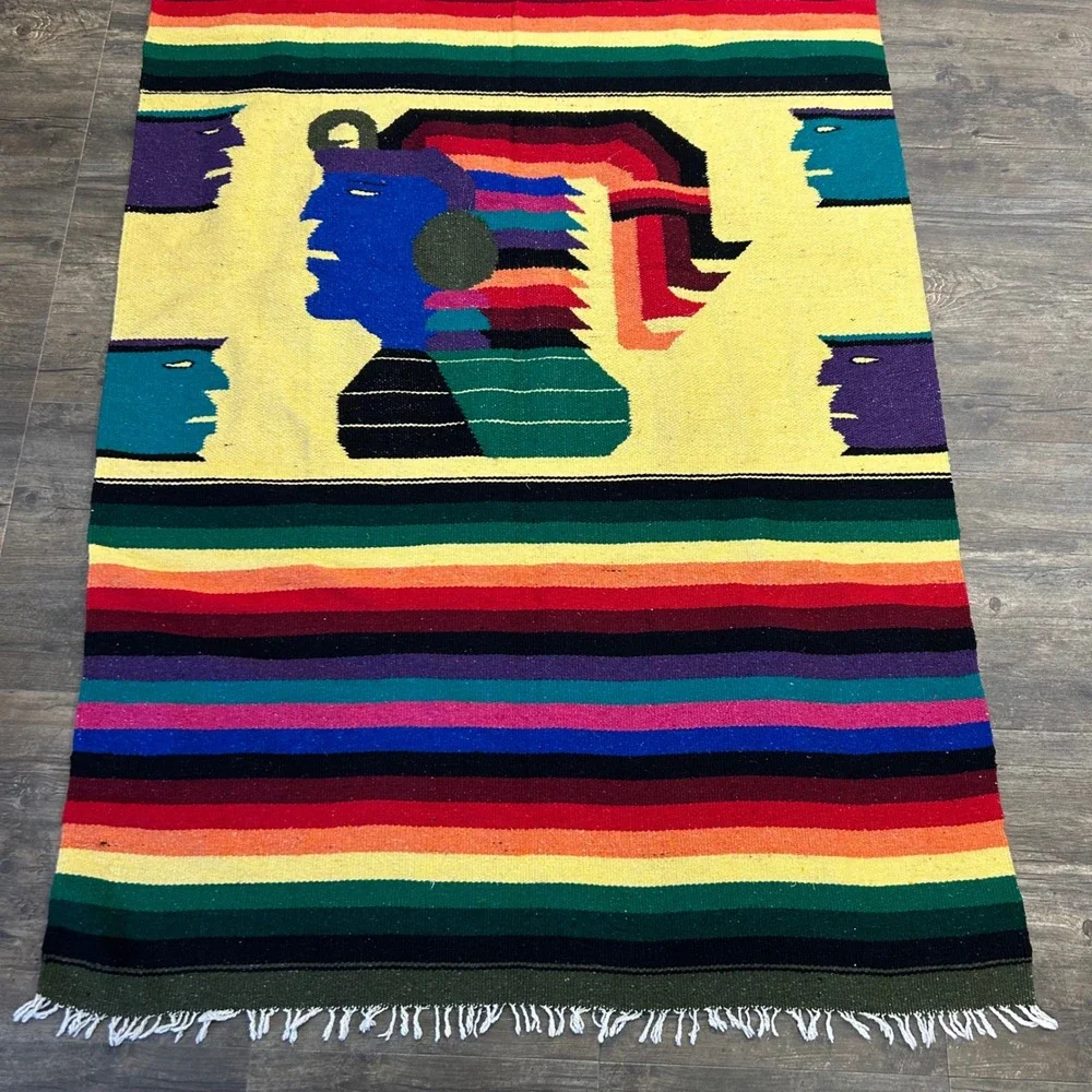 Vintage Mayan Inca‎ Aztec Warrior Blanket Fringe Bright Color Striped Native